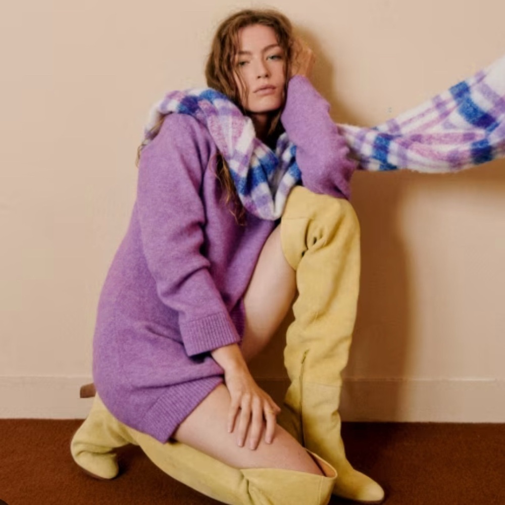 Sezane Purple Sweater Dress with Yellow Boots
